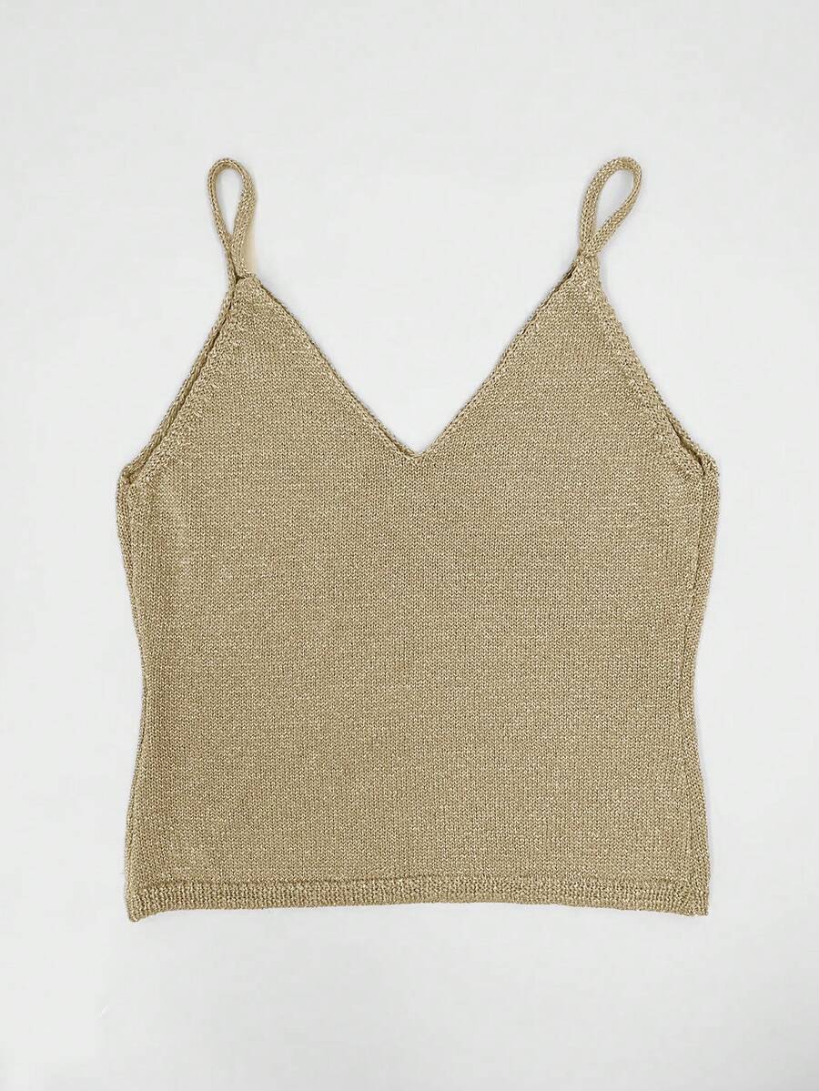 Grey rib-knit camisole top featuring a V-neckline and thin spaghetti straps for women.