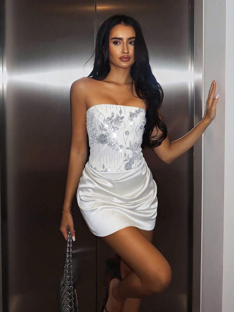 Women's strapless brown sequin mini dress featuring a backless ruched design, high waist, and slim fit bodycon silhouette for night out party outfits.