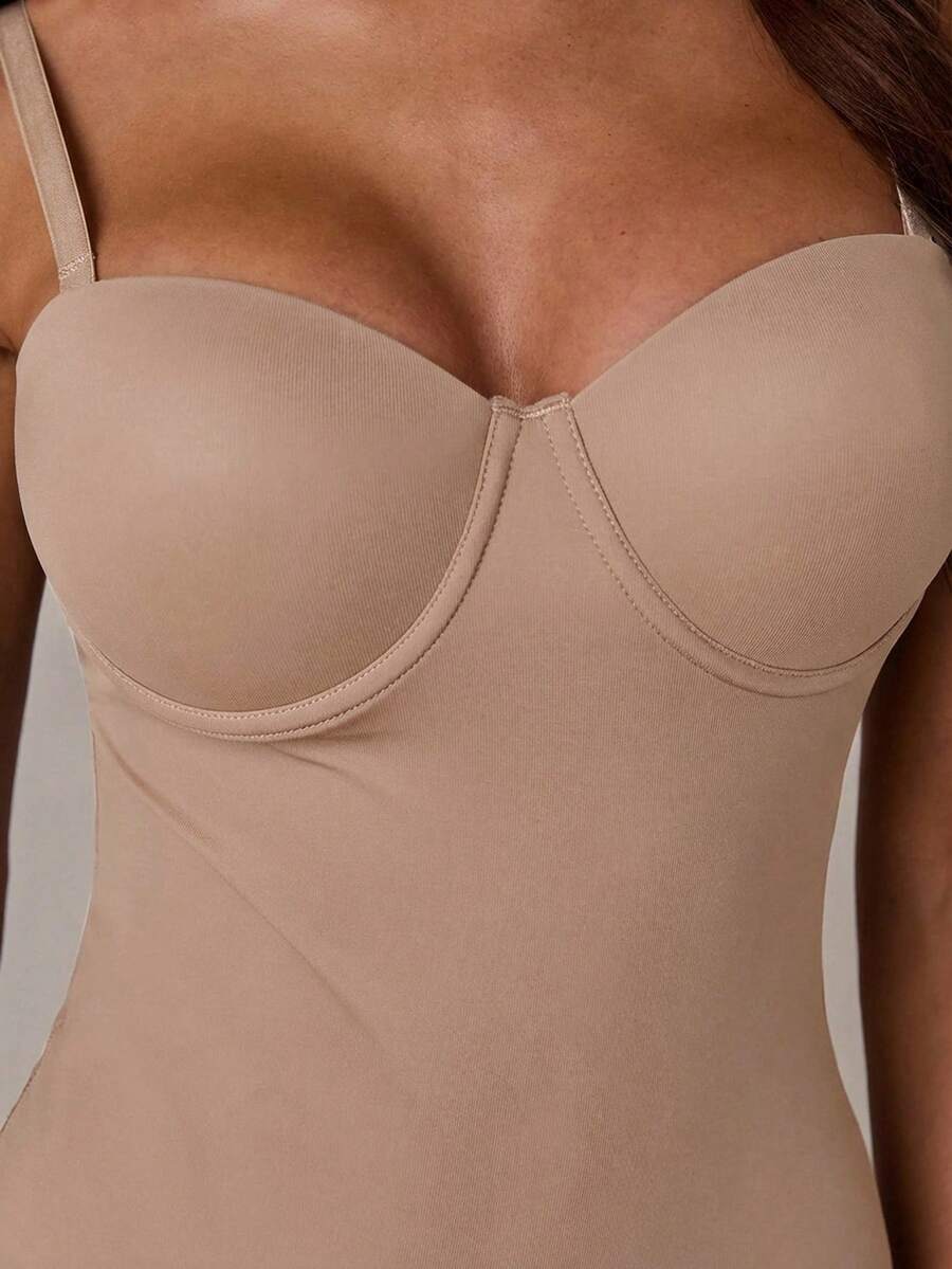Apricot long shapewear bodysuit jumpsuit with cup detail featuring knitted stretch fabric for tummy and waist control