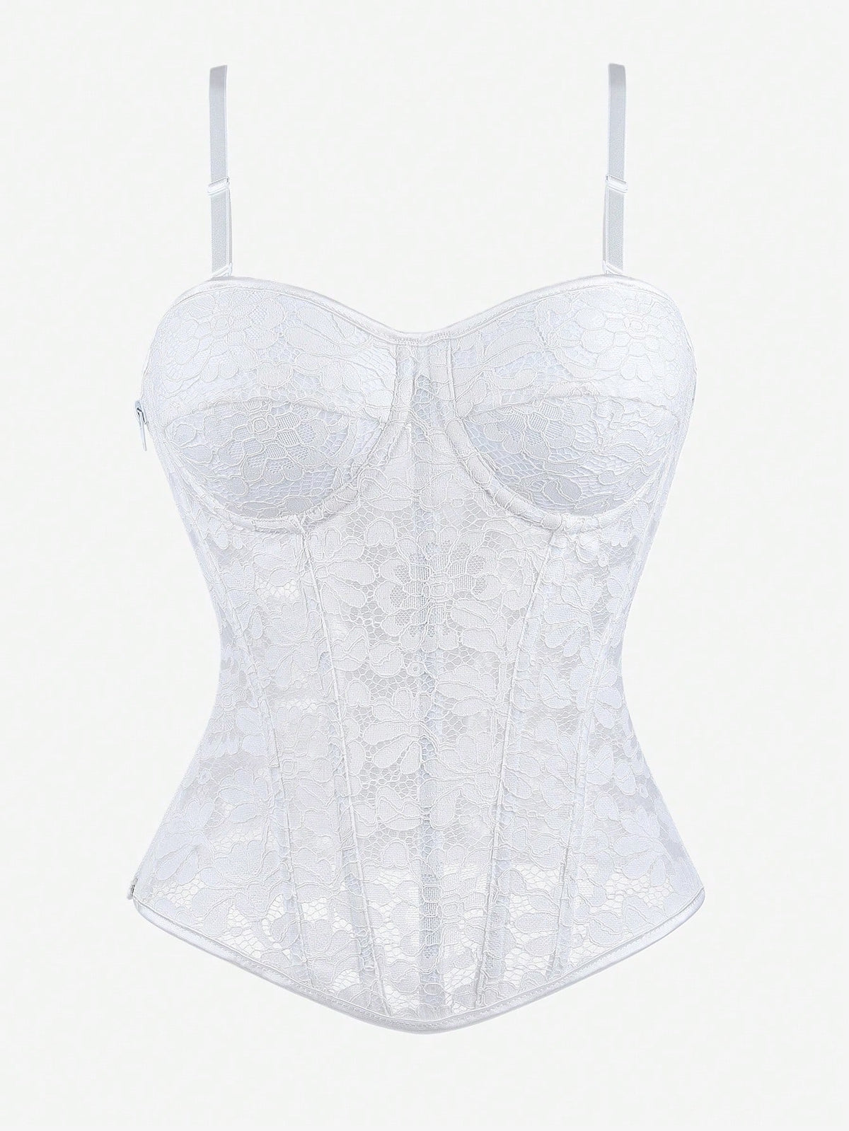Black lace corset bodice top for women with boned mesh bustier structure and non-removable padded cups.