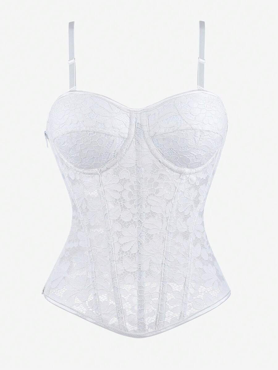 Black lace corset bodice top for women with boned mesh bustier structure and non-removable padded cups.