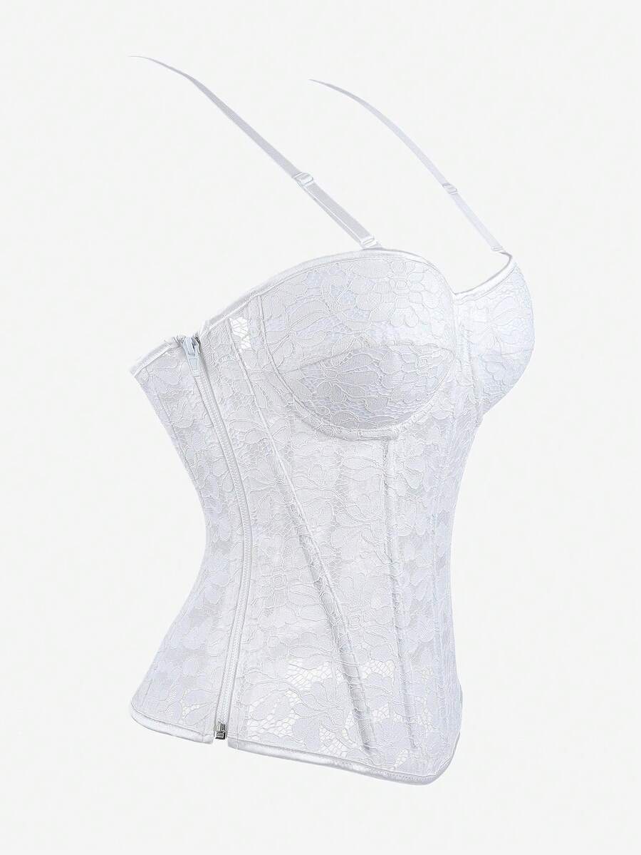 Black lace corset bodice top for women with boned mesh bustier structure and non-removable padded cups.