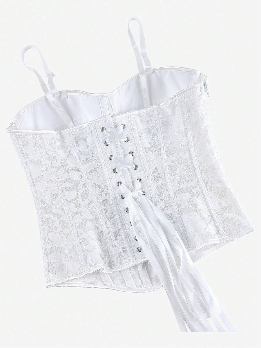 Black lace corset bodice top for women with boned mesh bustier structure and non-removable padded cups.