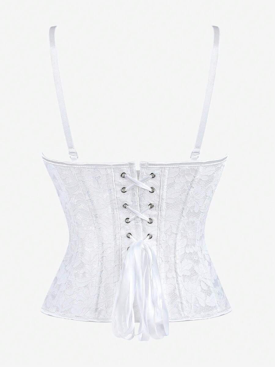 Black lace corset bodice top for women with boned mesh bustier structure and non-removable padded cups.