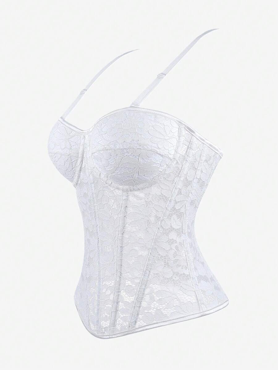 Black lace corset bodice top for women with boned mesh bustier structure and non-removable padded cups.