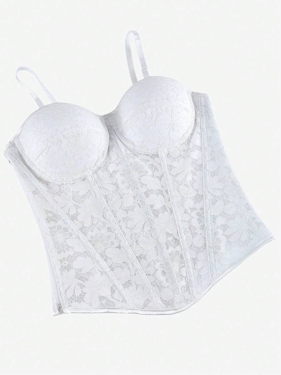 Black lace corset bodice top for women with boned mesh bustier structure and non-removable padded cups.
