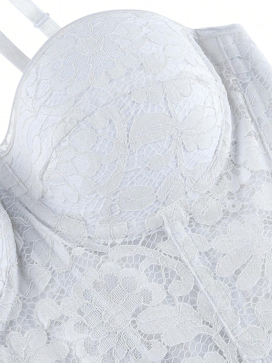 Black lace corset bodice top for women with boned mesh bustier structure and non-removable padded cups.
