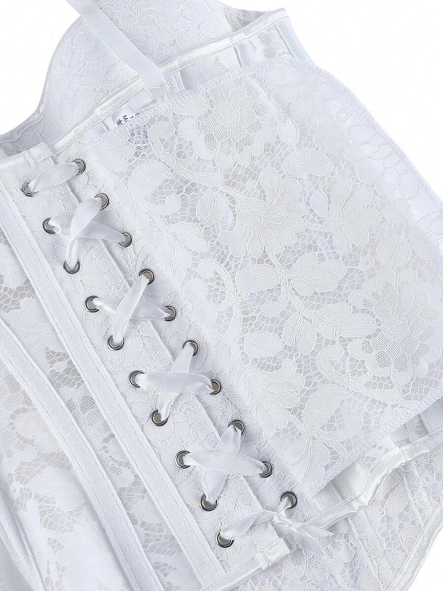 Black lace corset bodice top for women with boned mesh bustier structure and non-removable padded cups.