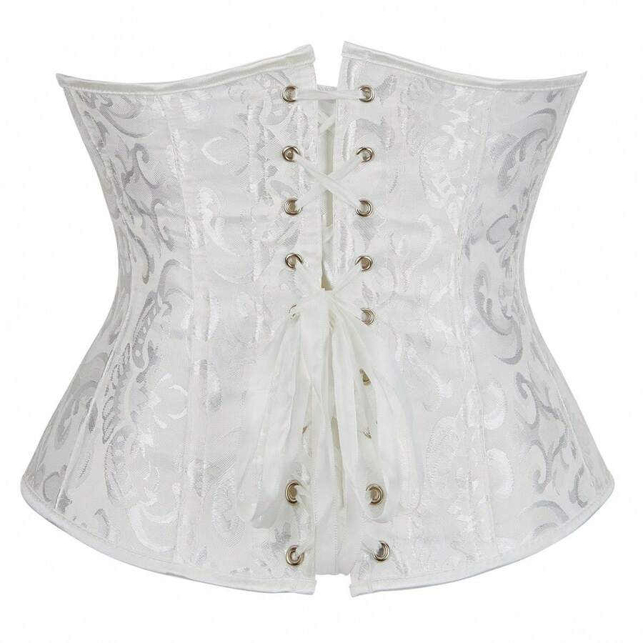 Women's coffee brown lace-up waist trainer corset body shaper featuring grommet eyelets and floral design details.