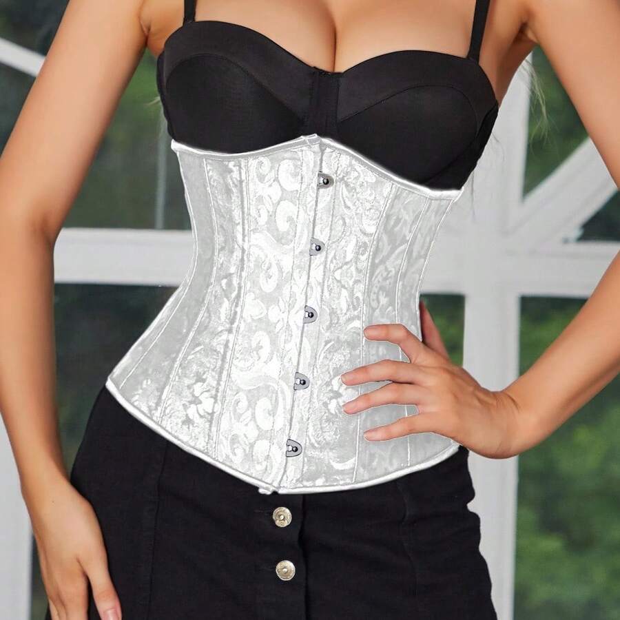 Women's coffee brown lace-up waist trainer corset body shaper featuring grommet eyelets and floral design details.