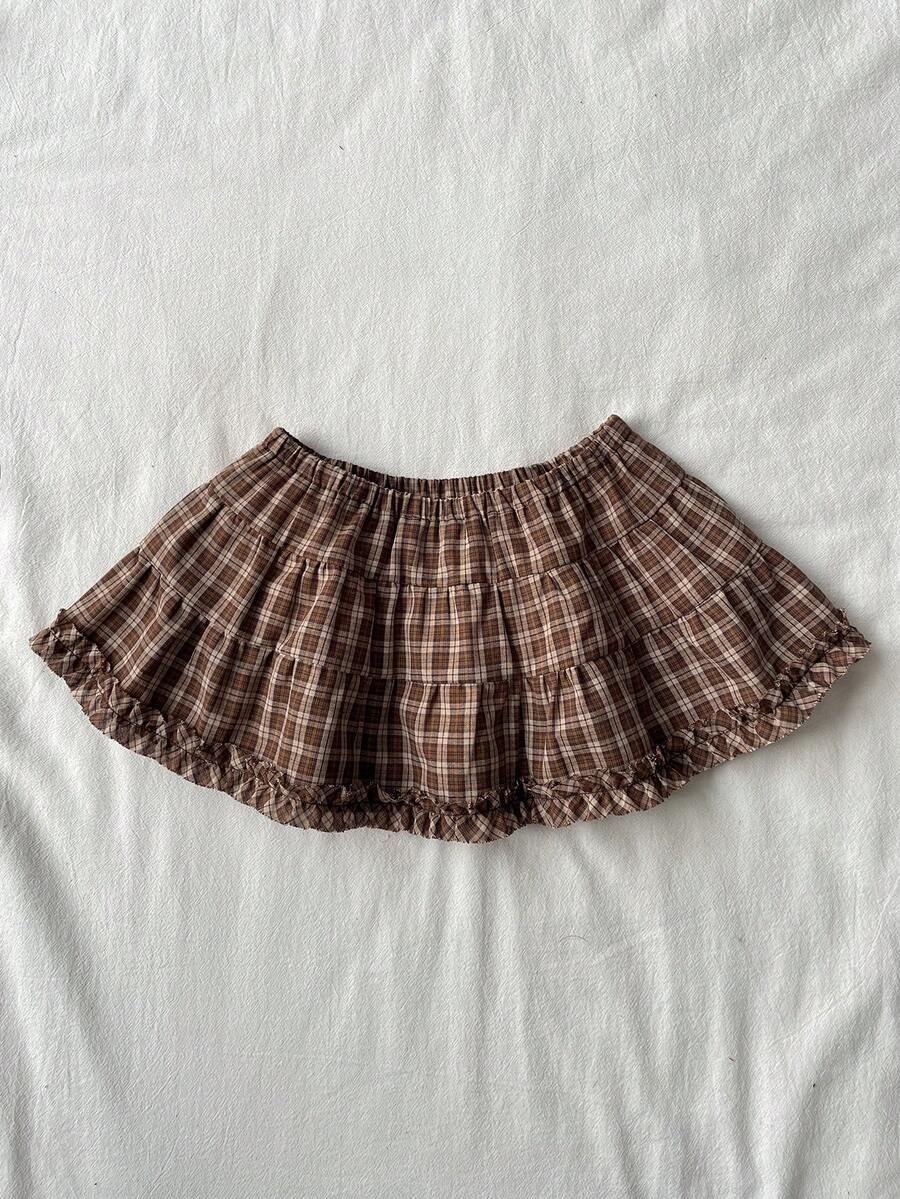 Black plain pleated frill trim low waist cotton skort for women