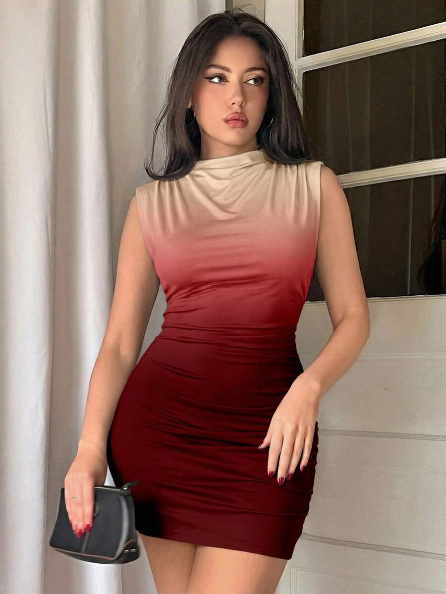 Army green sleeveless bodycon mini dress with a stand collar, ruched details, and zipper back.