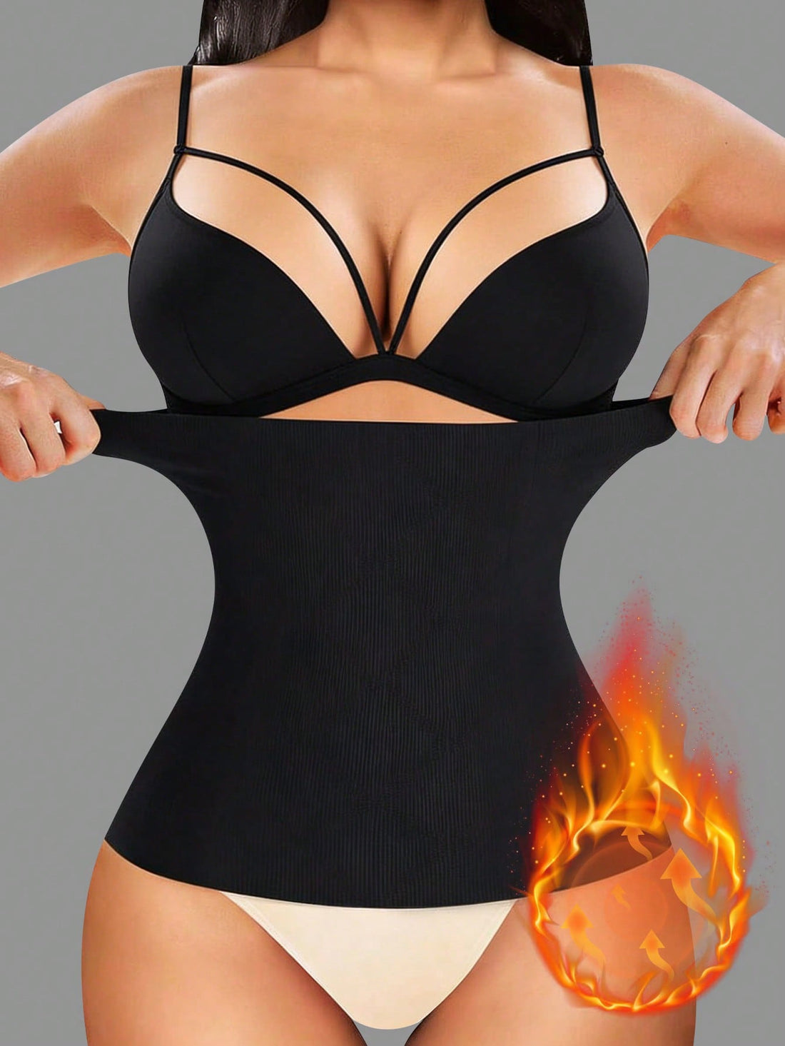 Black waist trainer belt and body shaper for women made of flexible knitted fabric for sports and yoga