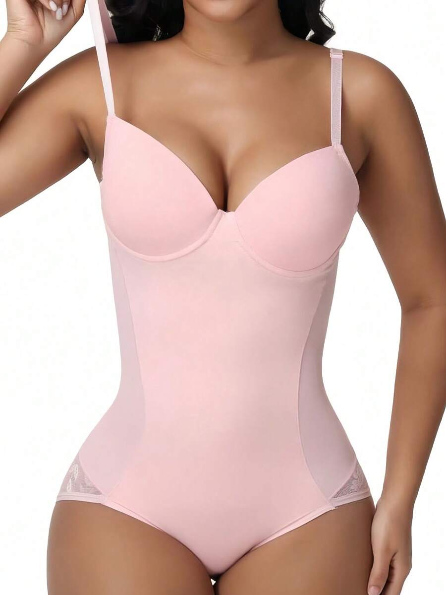 Women's lace shapewear bodysuit with tummy control, built-in bra cup pads, waist shaping, and three-row snap crotch in a bodycon fit.