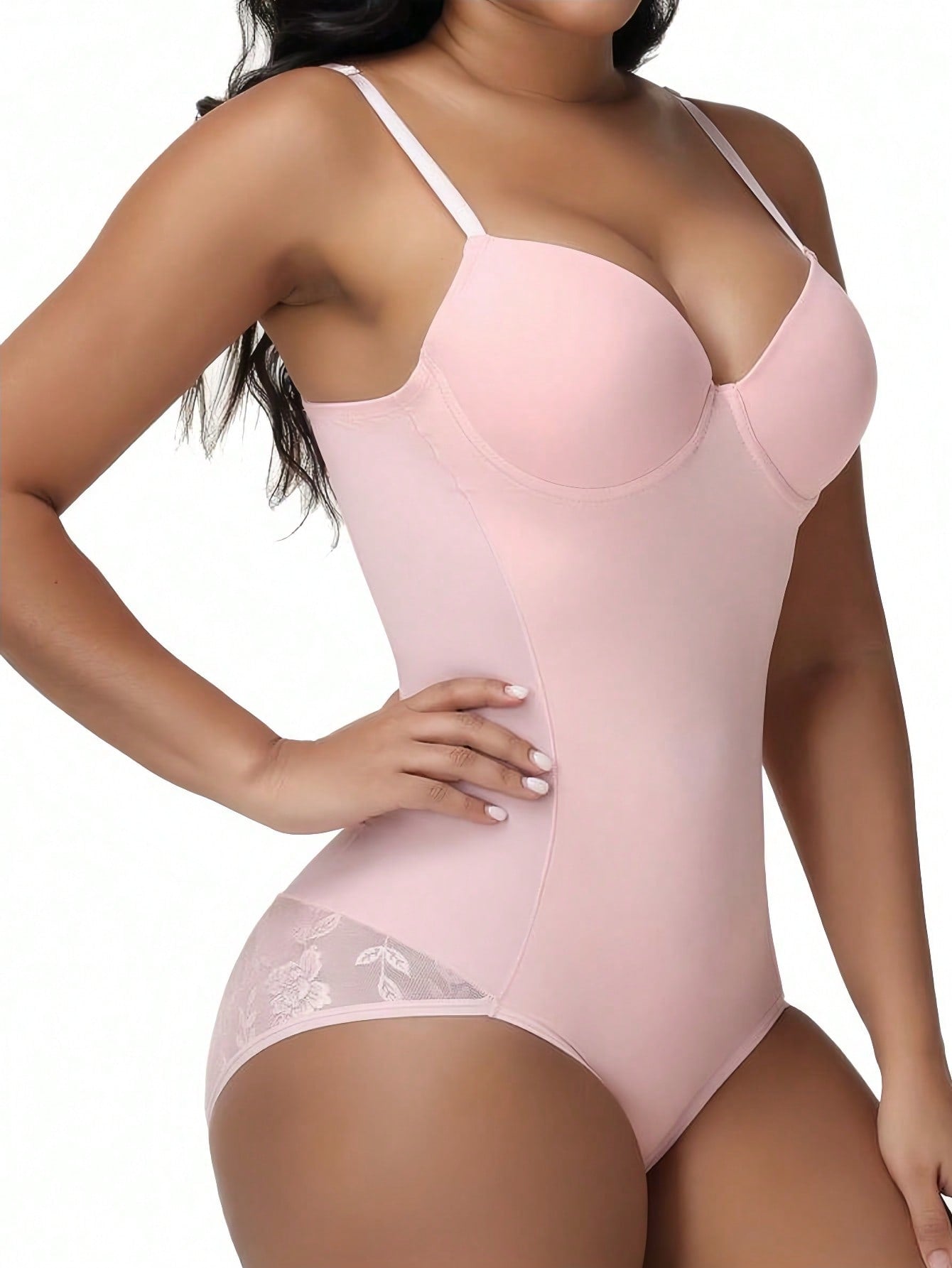 Women's lace shapewear bodysuit with tummy control, built-in bra cup pads, waist shaping, and three-row snap crotch in a bodycon fit.