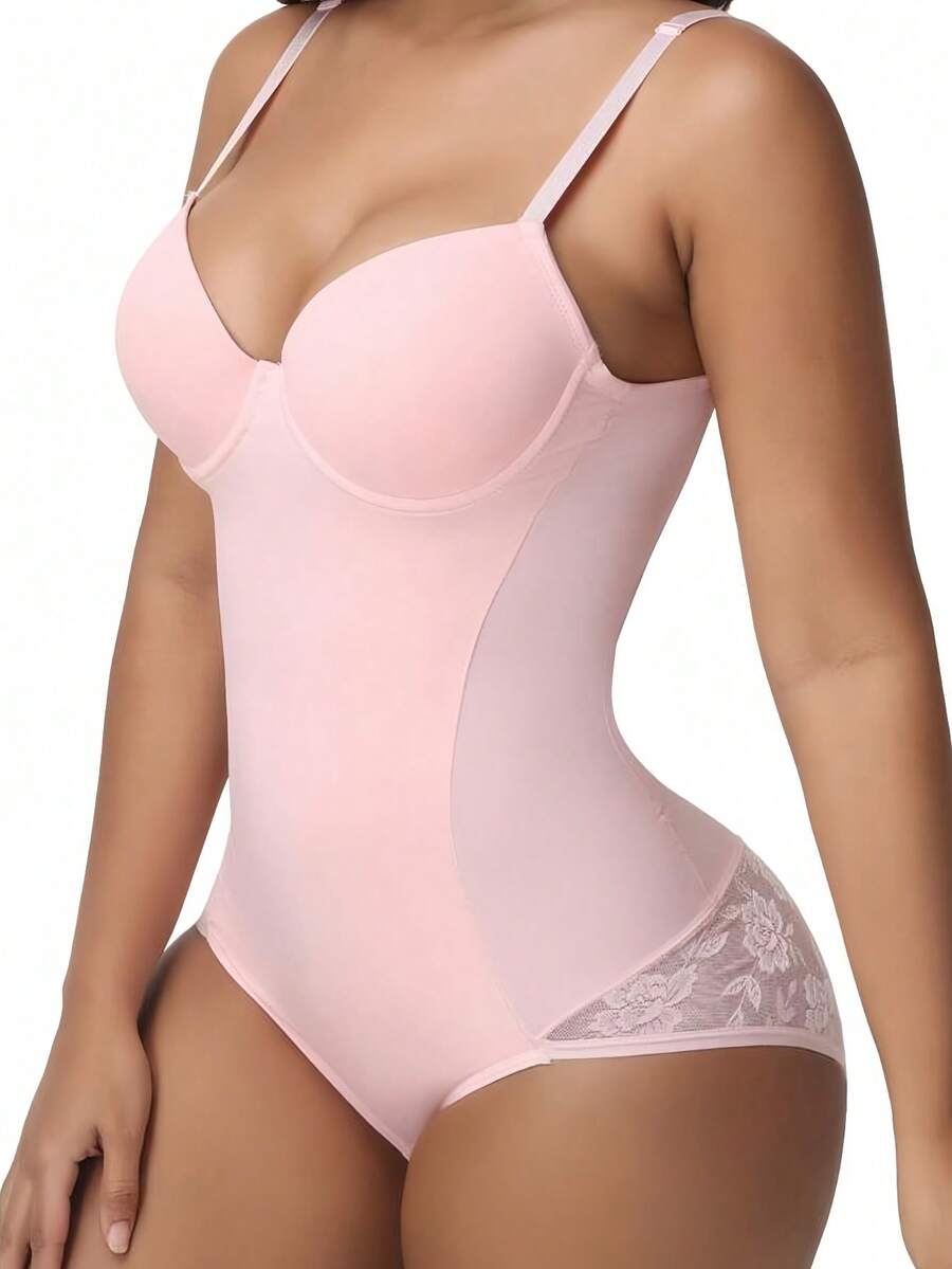 Women's lace shapewear bodysuit with tummy control, built-in bra cup pads, waist shaping, and three-row snap crotch in a bodycon fit.