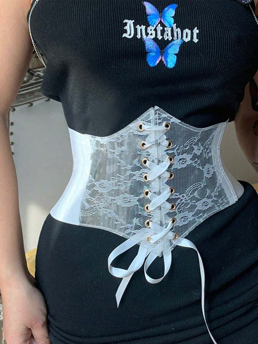 Black lace-up waist cincher with grommet eyelets, baroque pattern, medium stretch, and wide belt design for women.