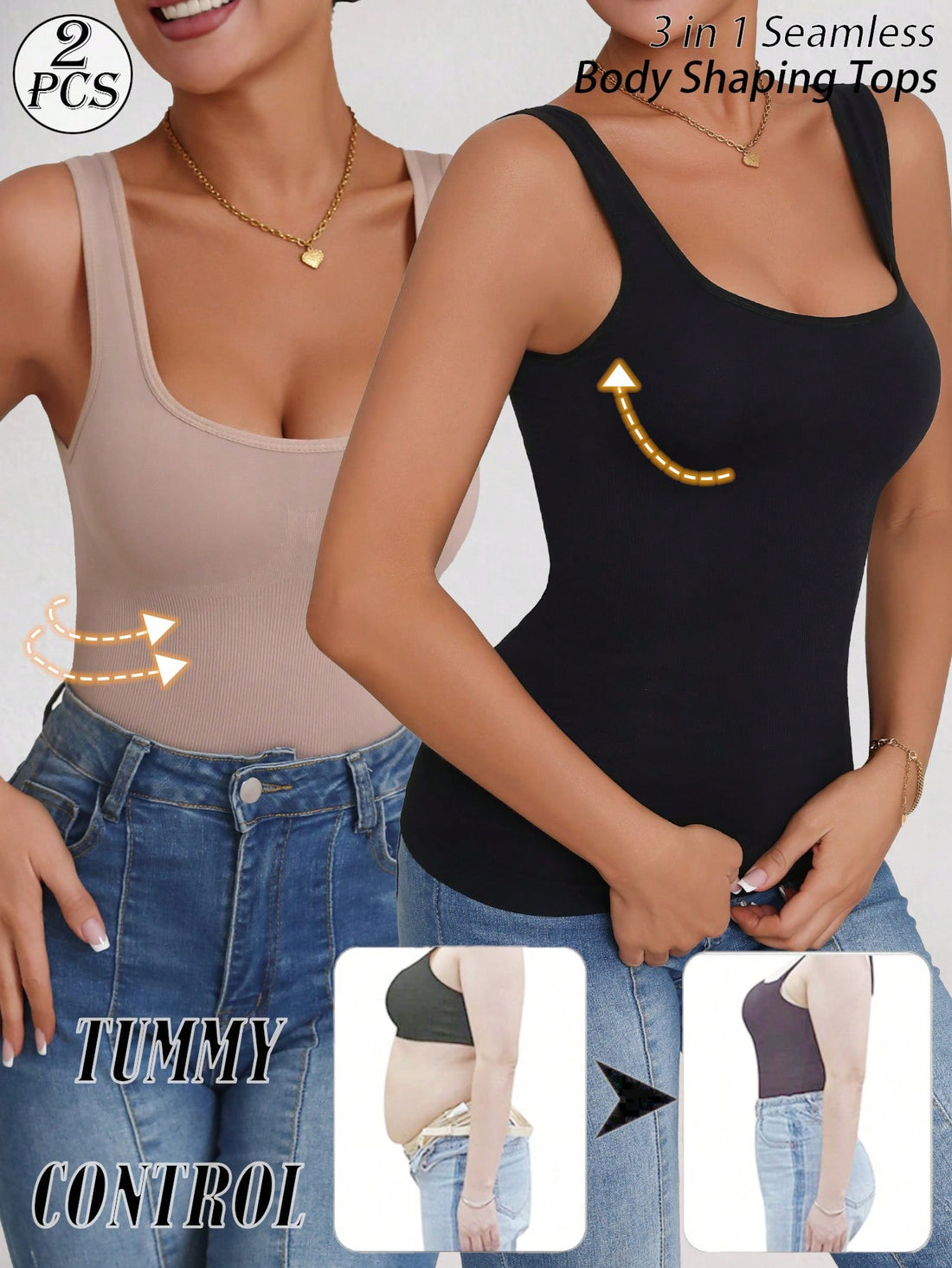 2-piece set of women's tummy control camisoles featuring a backless sleeveless design and comfortable knitted stretch fabric.