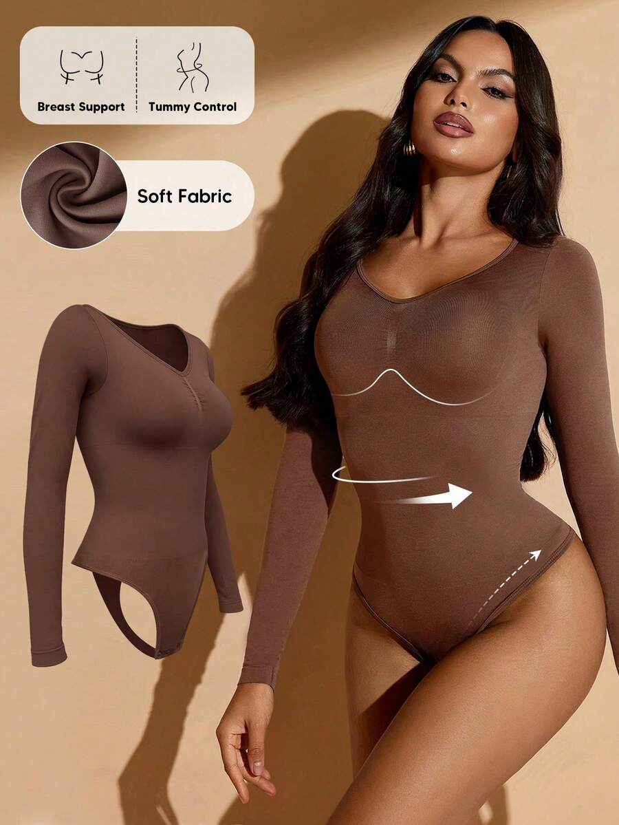 Women's long sleeve shapewear bodysuit featuring tummy control and waist training support
