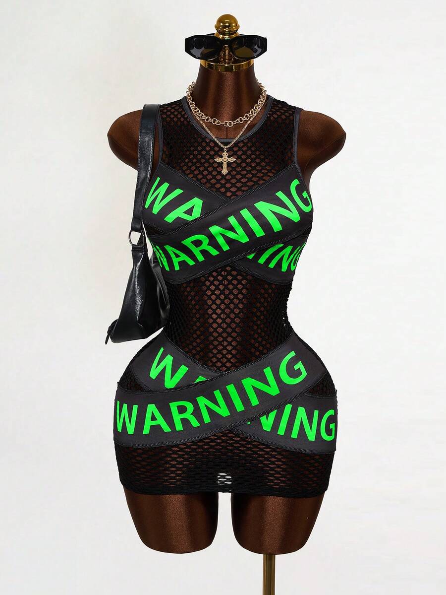 Women's black sheer mesh bodycon mini dress featuring slogan graphic print, round neckline, cut-out pointelle details, and a sleeveless slim fit pencil silhouette.