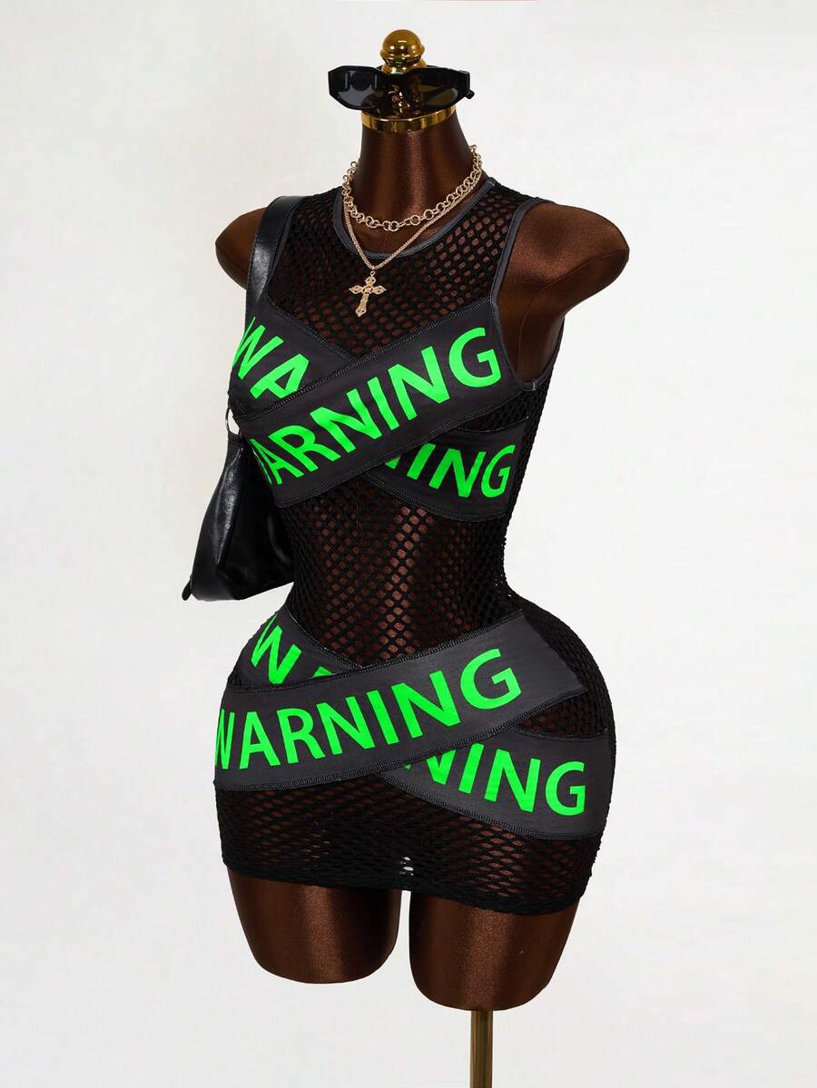 Women's black sheer mesh bodycon mini dress featuring slogan graphic print, round neckline, cut-out pointelle details, and a sleeveless slim fit pencil silhouette.