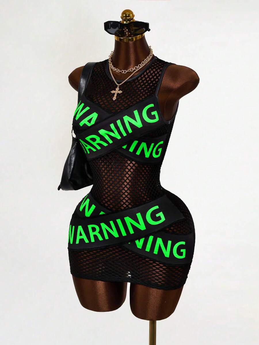 Women's black sheer mesh bodycon mini dress featuring slogan graphic print, round neckline, cut-out pointelle details, and a sleeveless slim fit pencil silhouette.