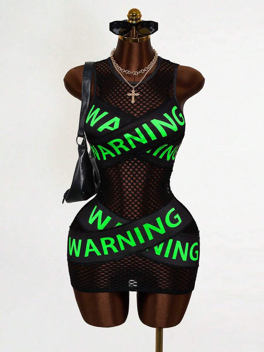 Women's black sheer mesh bodycon mini dress featuring slogan graphic print, round neckline, cut-out pointelle details, and a sleeveless slim fit pencil silhouette.