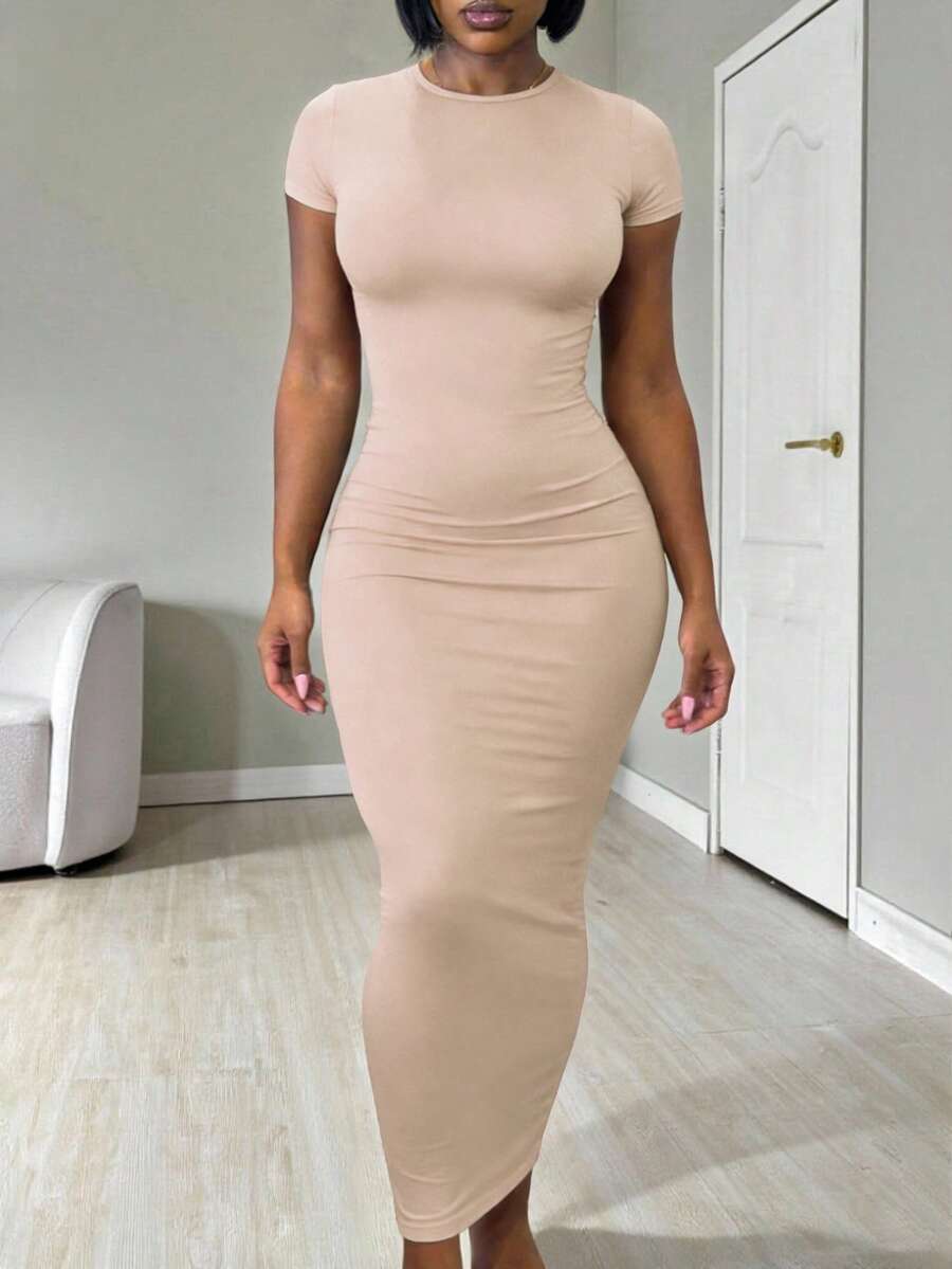 Women's apricot long bodycon dress with short sleeves, scoop neck, and side split hem.