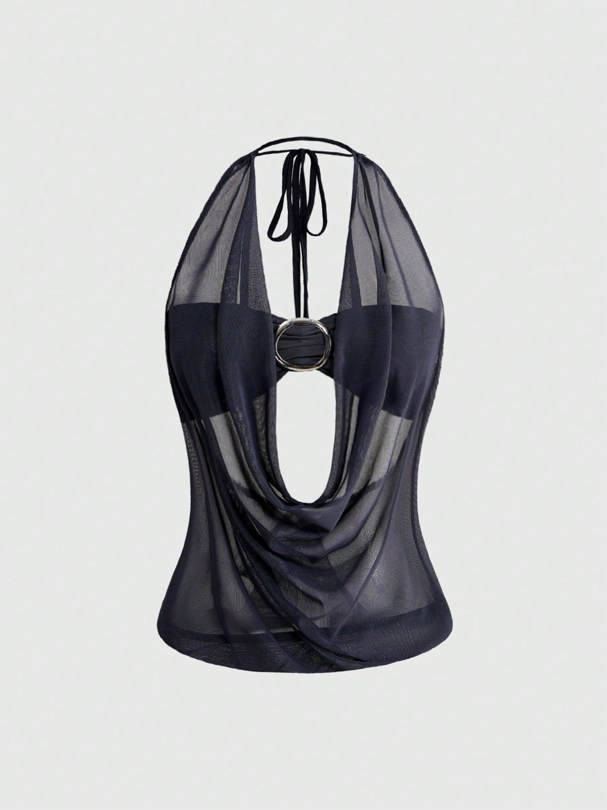 Women's cowl neck halter crop tank top featuring a draped backless design and matching bandeau inner layer.
