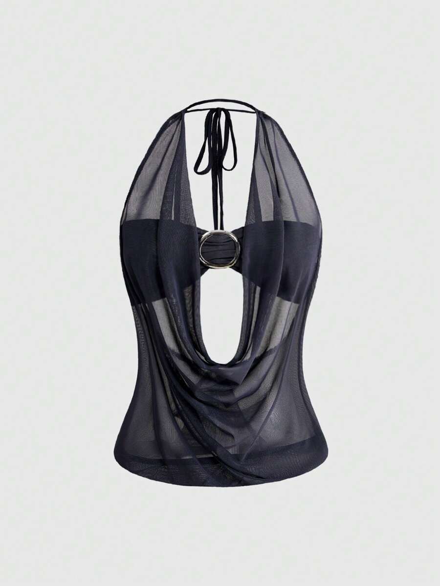 Women's cowl neck halter crop tank top featuring a draped backless design and matching bandeau inner layer.