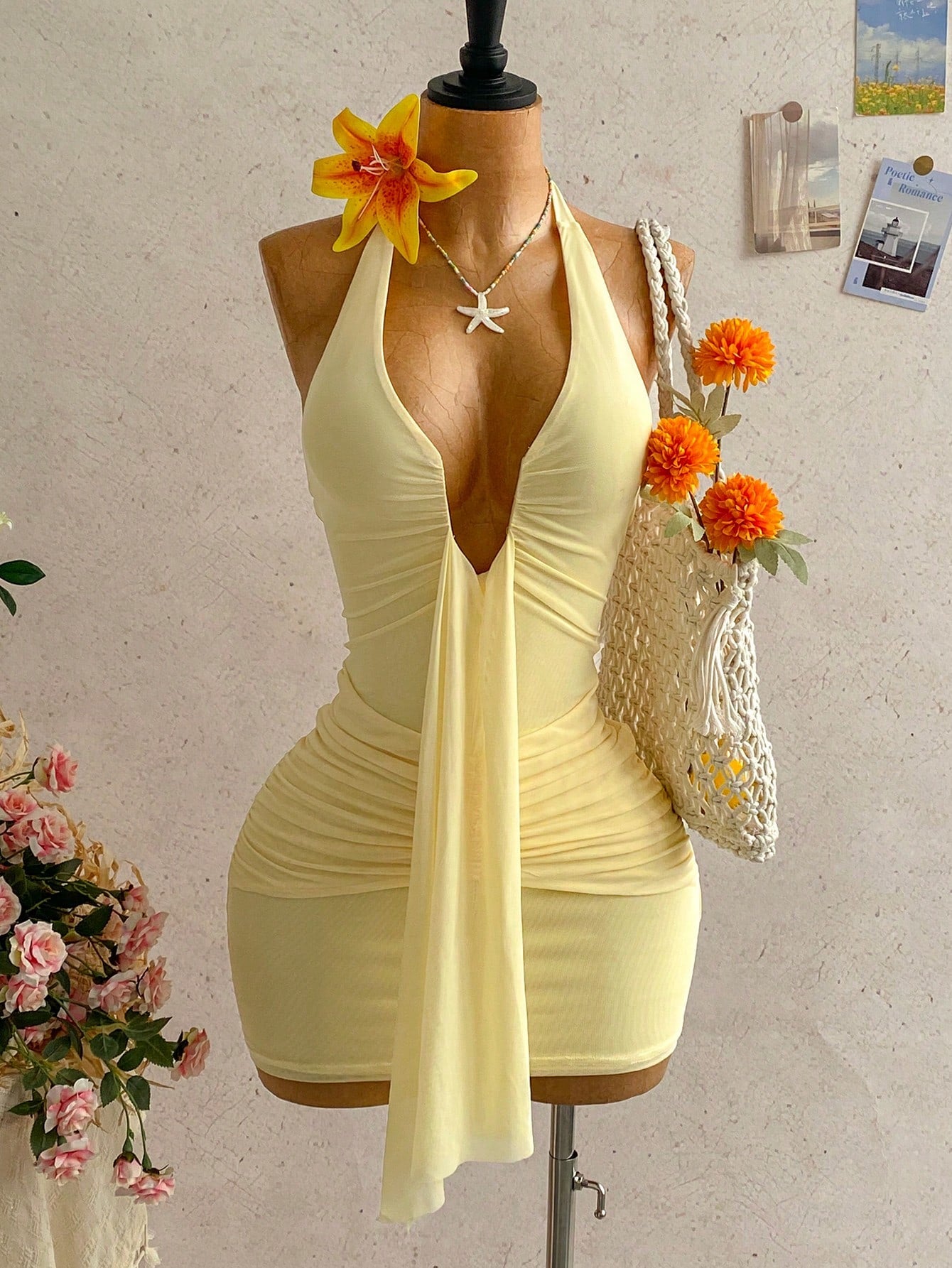 Women's Pale Yellow Halter Mini Dress,Deep V-Neck Ruched Bow Tie Summer Casual Sundress,Perfect For Holiday,Vacation,Beach,Party & Music Festival