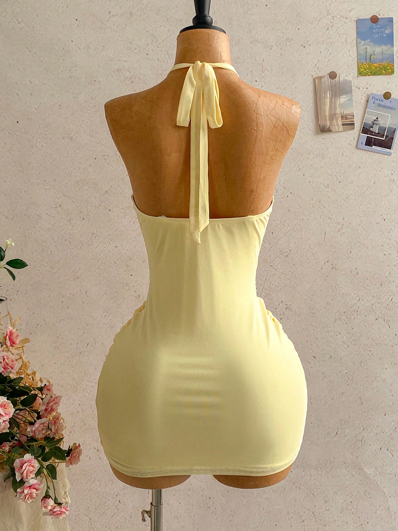 Women's Pale Yellow Halter Mini Dress,Deep V-Neck Ruched Bow Tie Summer Casual Sundress,Perfect For Holiday,Vacation,Beach,Party & Music Festival