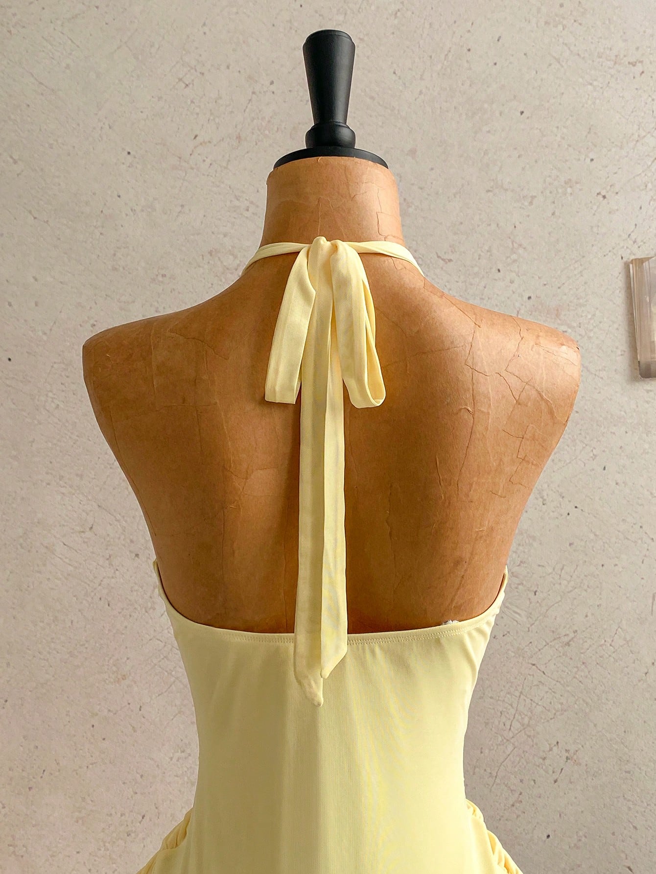 Women's Pale Yellow Halter Mini Dress,Deep V-Neck Ruched Bow Tie Summer Casual Sundress,Perfect For Holiday,Vacation,Beach,Party & Music Festival