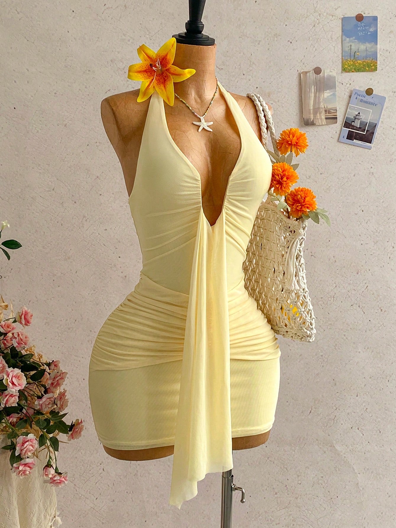 Women's Pale Yellow Halter Mini Dress,Deep V-Neck Ruched Bow Tie Summer Casual Sundress,Perfect For Holiday,Vacation,Beach,Party & Music Festival