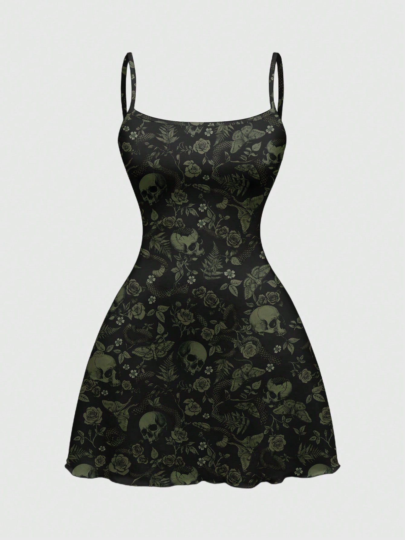 Beige graphic cami mini dress for women featuring a backless slim fit design, high waist flared hem, lettuce trim, spaghetti straps, and arm sleeves.