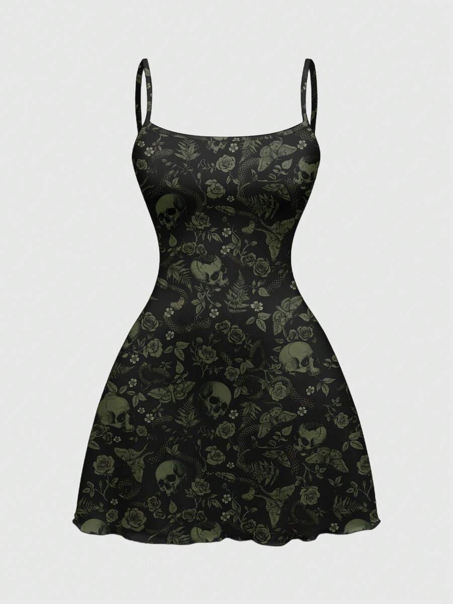 Beige graphic cami mini dress for women featuring a backless slim fit design, high waist flared hem, lettuce trim, spaghetti straps, and arm sleeves.