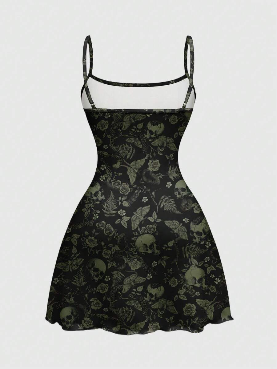 Beige graphic cami mini dress for women featuring a backless slim fit design, high waist flared hem, lettuce trim, spaghetti straps, and arm sleeves.