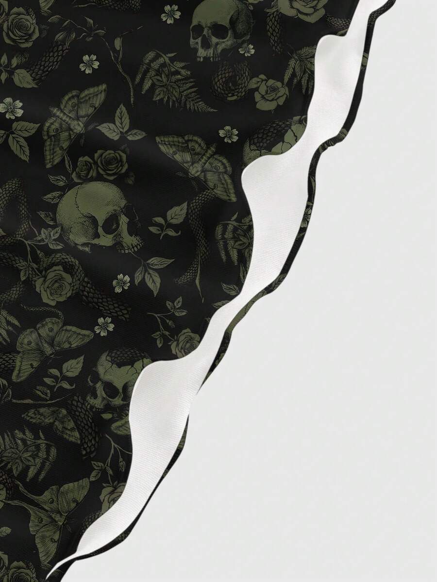 Beige graphic cami mini dress for women featuring a backless slim fit design, high waist flared hem, lettuce trim, spaghetti straps, and arm sleeves.