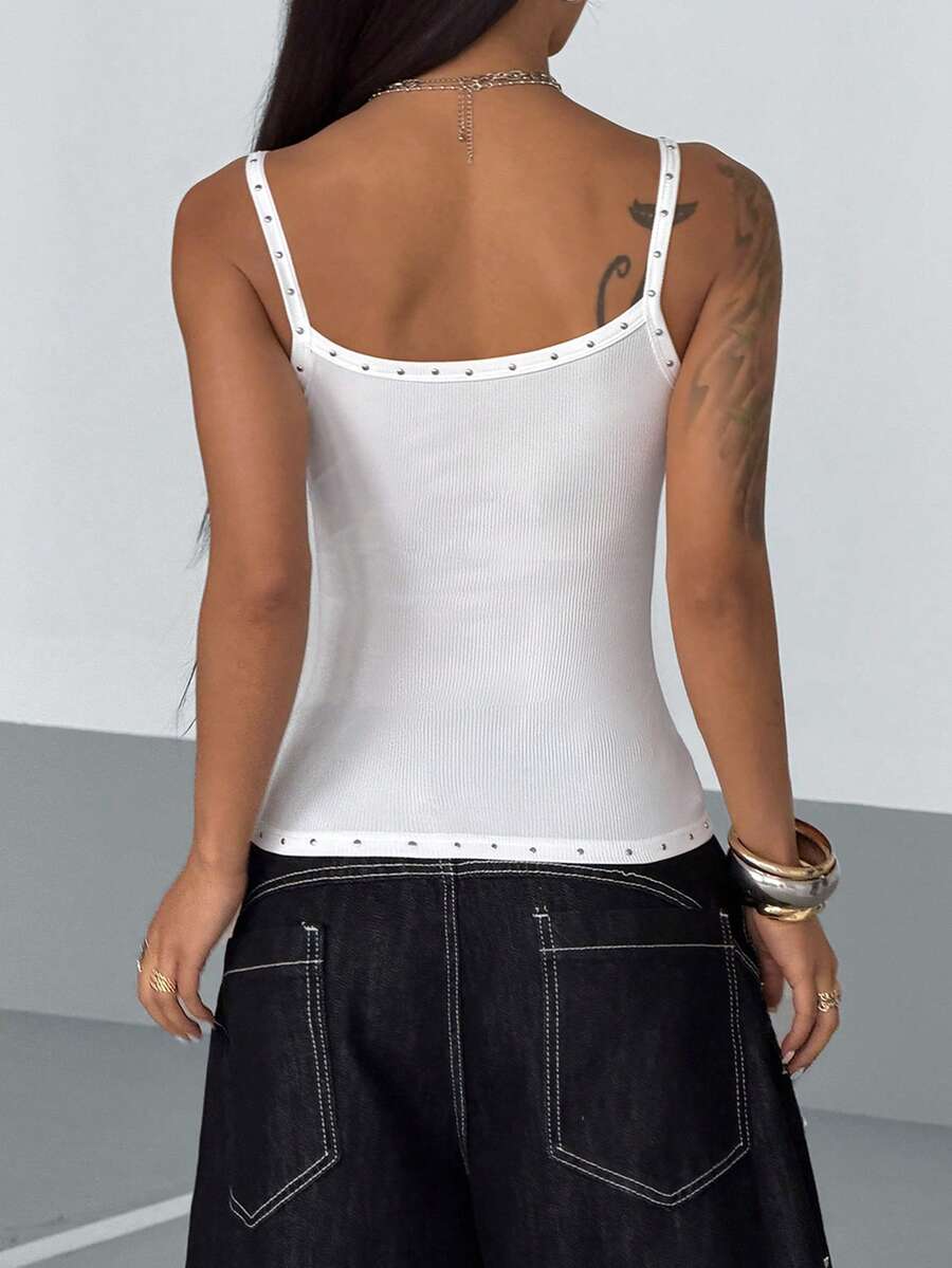 Women's black ribbed henley cami top featuring spaghetti straps, front button detail, and a slim fit cut.