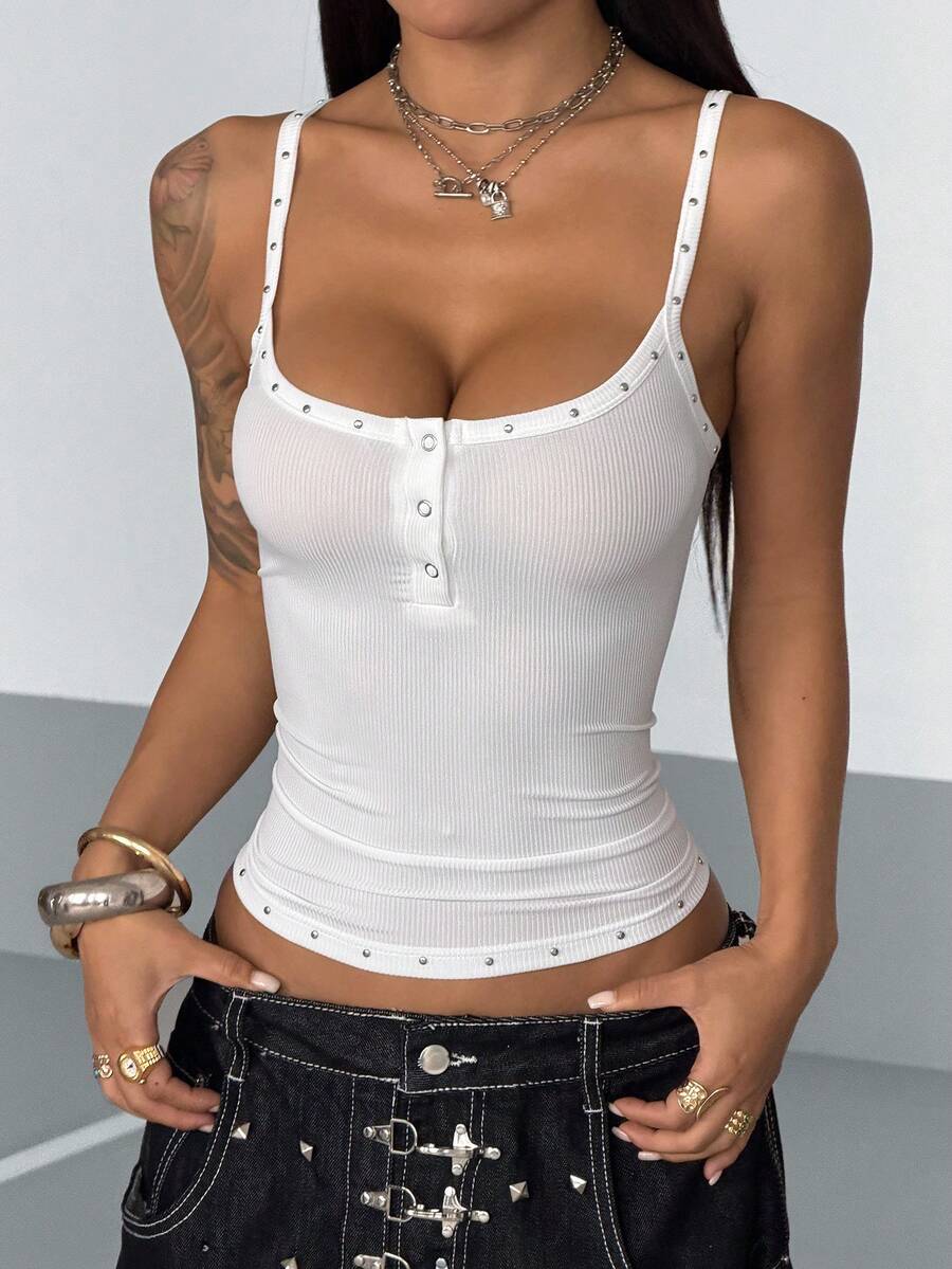 Women's black ribbed henley cami top featuring spaghetti straps, front button detail, and a slim fit cut.
