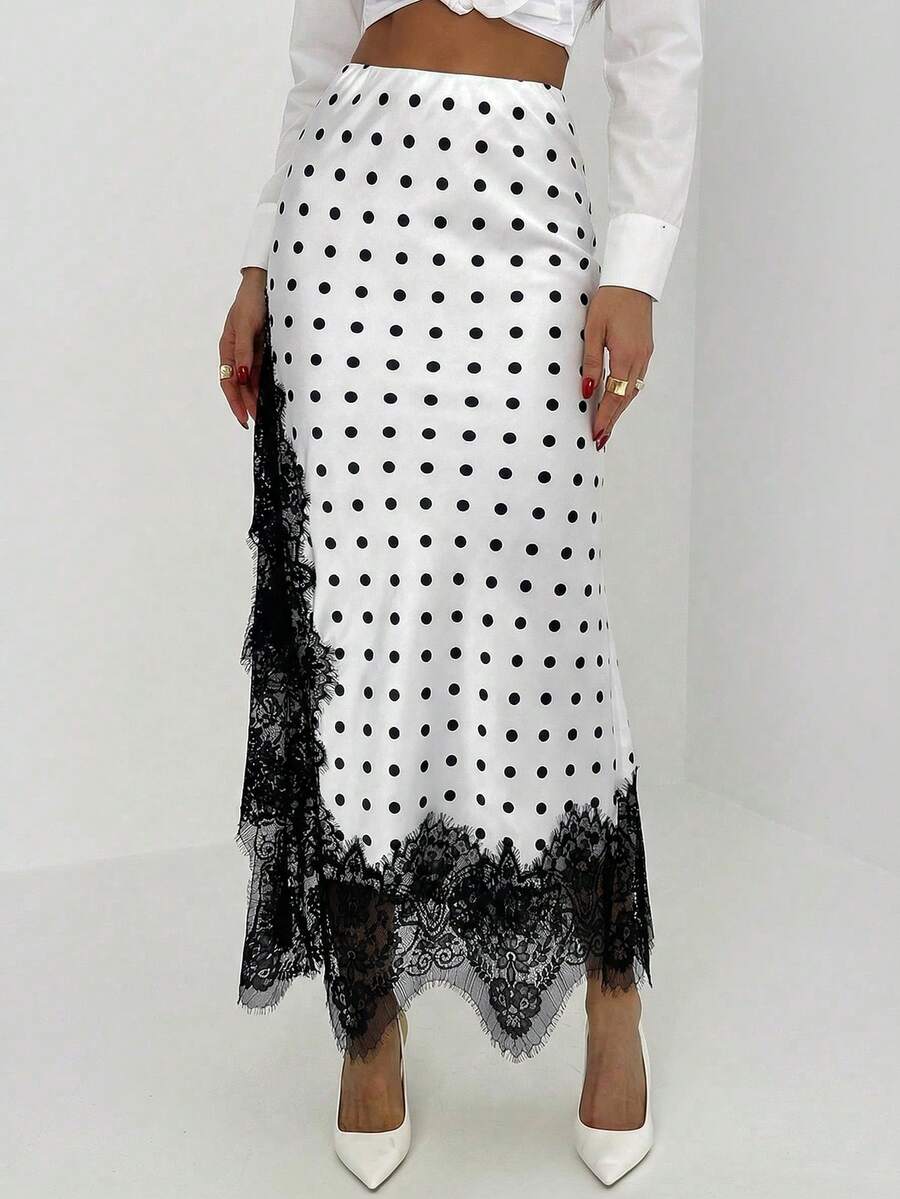 Women's elegant black lace patchwork mermaid maxi skirt featuring asymmetrical contrast lace design and low waist fit.