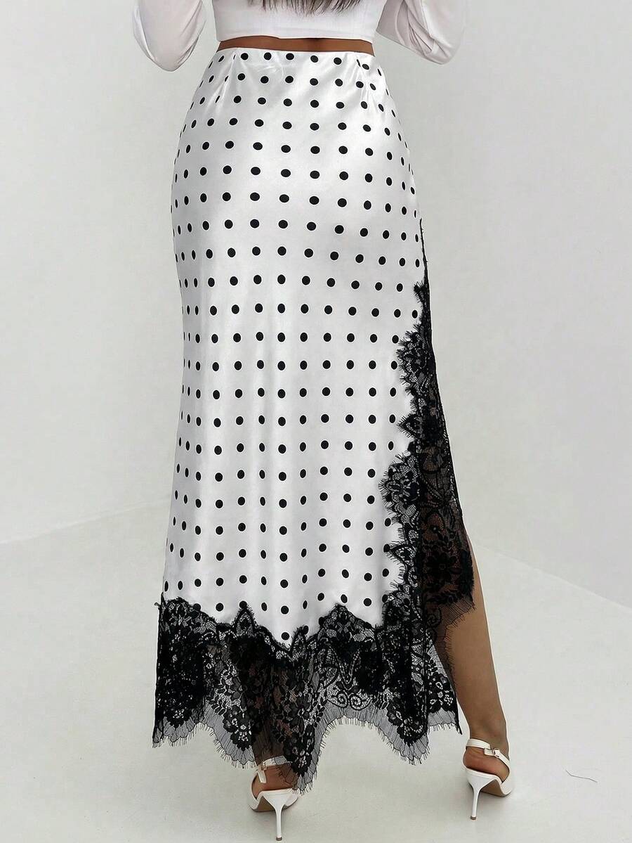 Women's elegant black lace patchwork mermaid maxi skirt featuring asymmetrical contrast lace design and low waist fit.