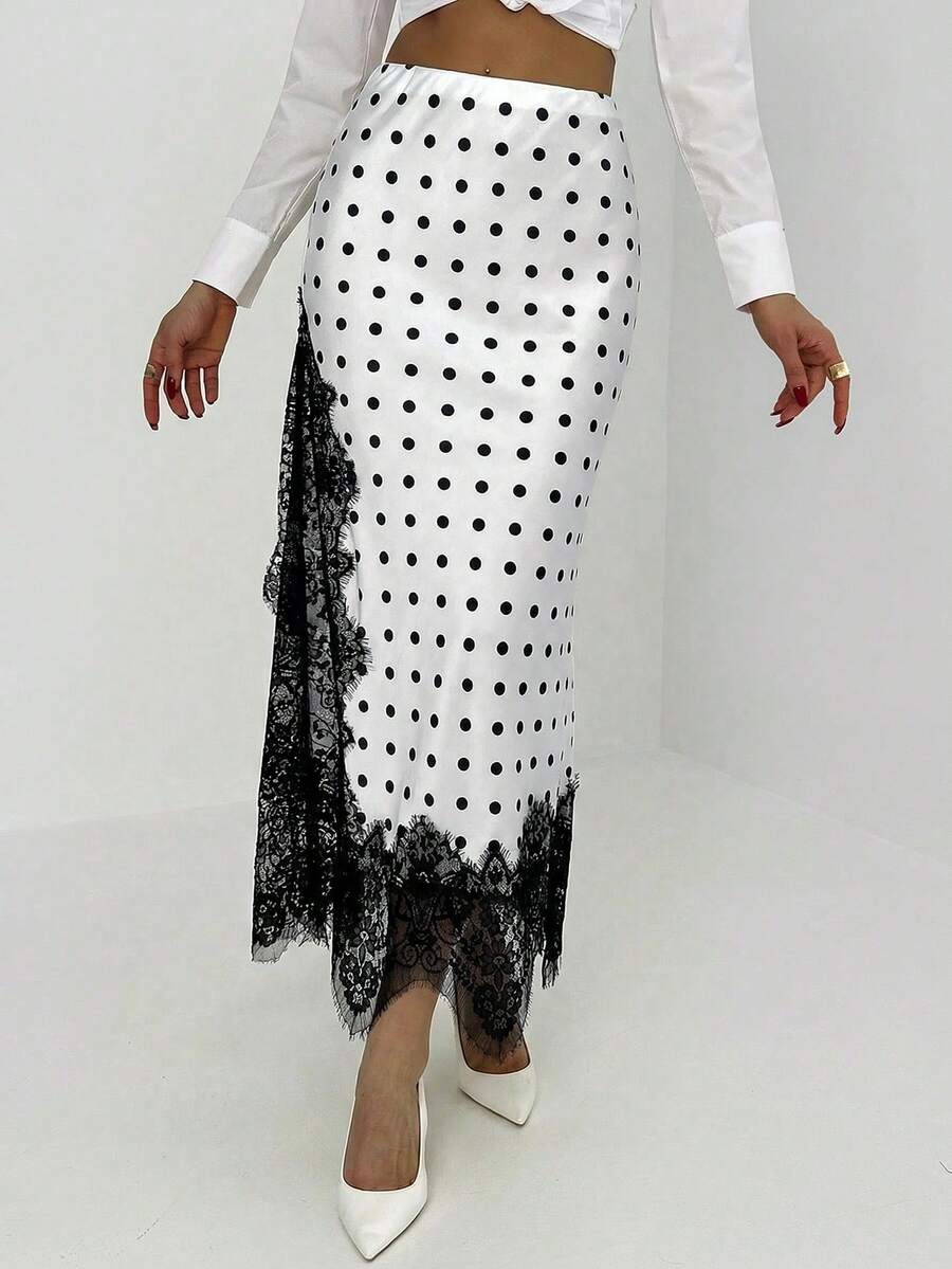 Women's elegant black lace patchwork mermaid maxi skirt featuring asymmetrical contrast lace design and low waist fit.