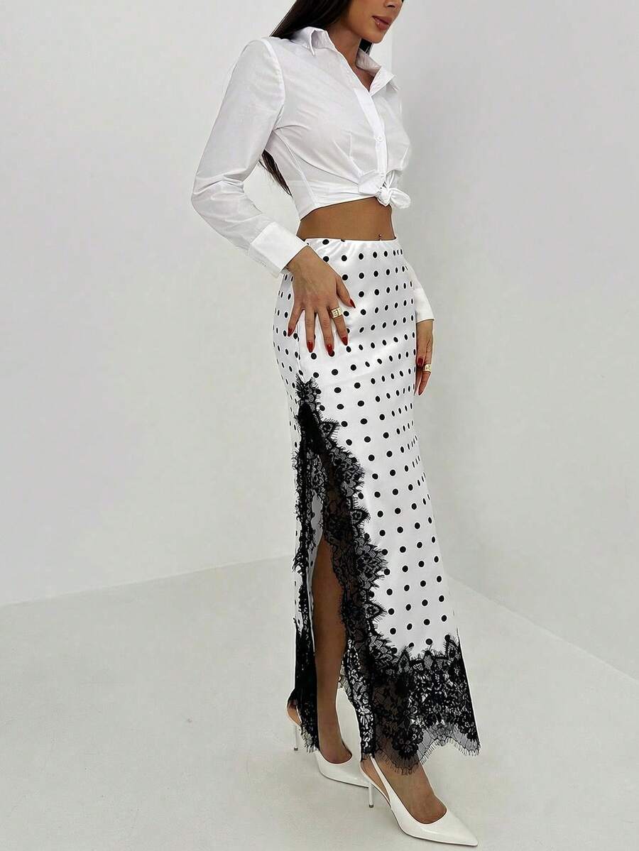 Women's elegant black lace patchwork mermaid maxi skirt featuring asymmetrical contrast lace design and low waist fit.