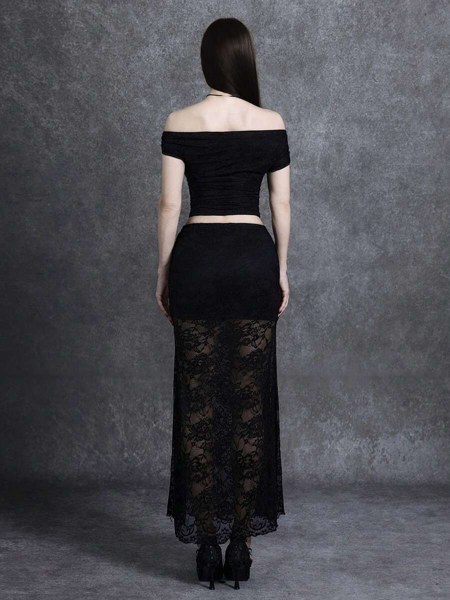 Black two-piece outfit set for women featuring an off-the-shoulder lace short sleeve top and a matching ruched asymmetrical short skirt.