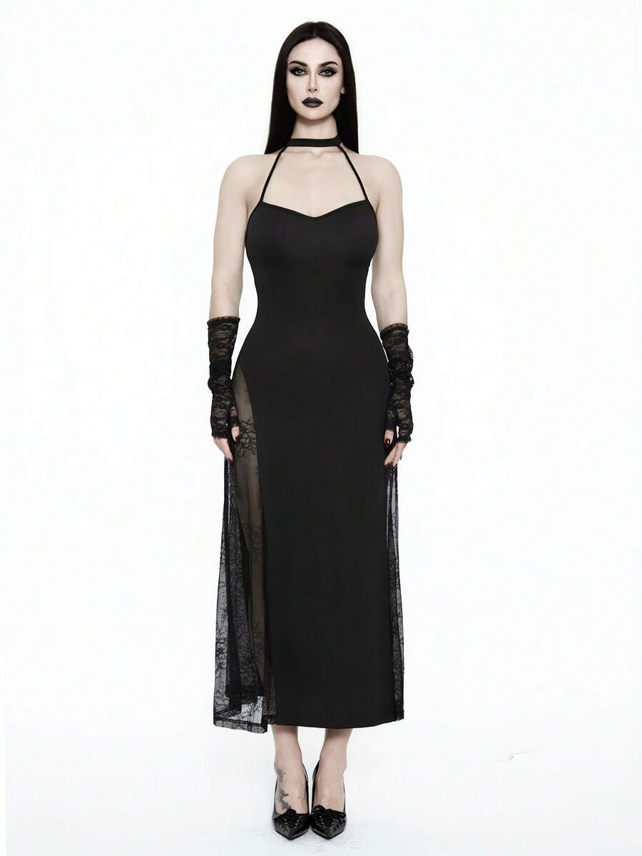 Women's black cami midi dress featuring a halter neckline, backless criss-cross knot design, slim fit silhouette, and mermaid hemline.
