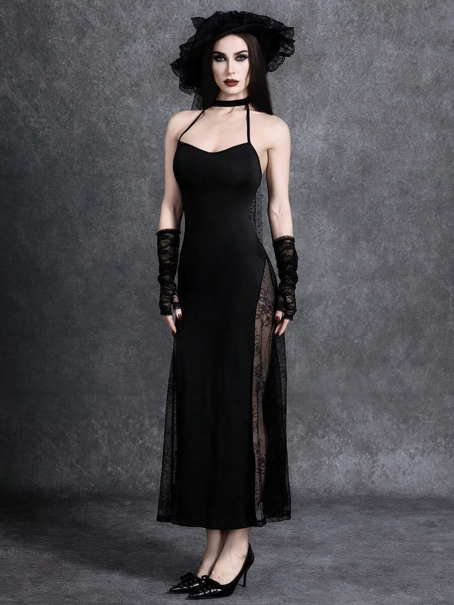 Women's black cami midi dress featuring a halter neckline, backless criss-cross knot design, slim fit silhouette, and mermaid hemline.