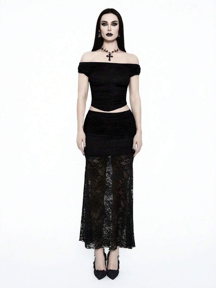 Black two-piece outfit set for women featuring an off-the-shoulder lace short sleeve top and a matching ruched asymmetrical short skirt.