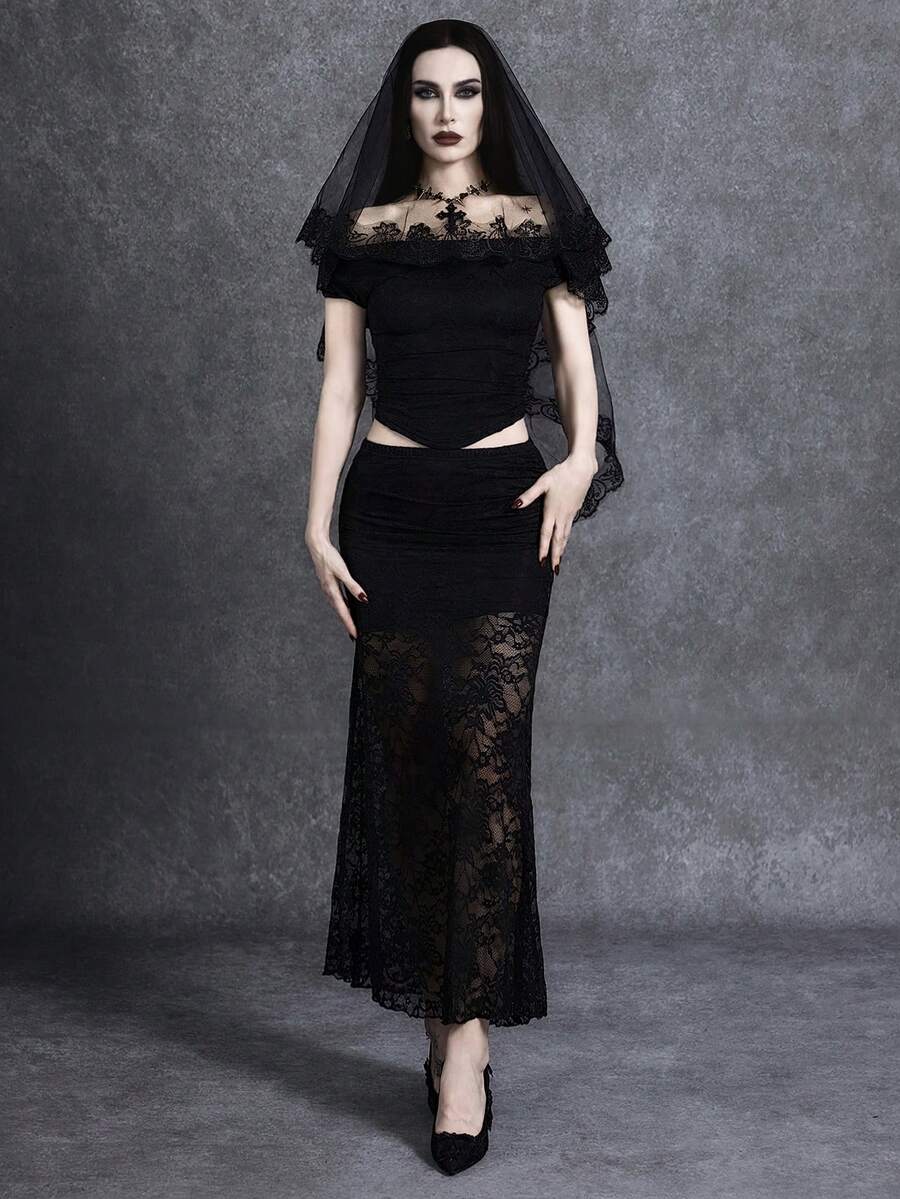 Black two-piece outfit set for women featuring an off-the-shoulder lace short sleeve top and a matching ruched asymmetrical short skirt.