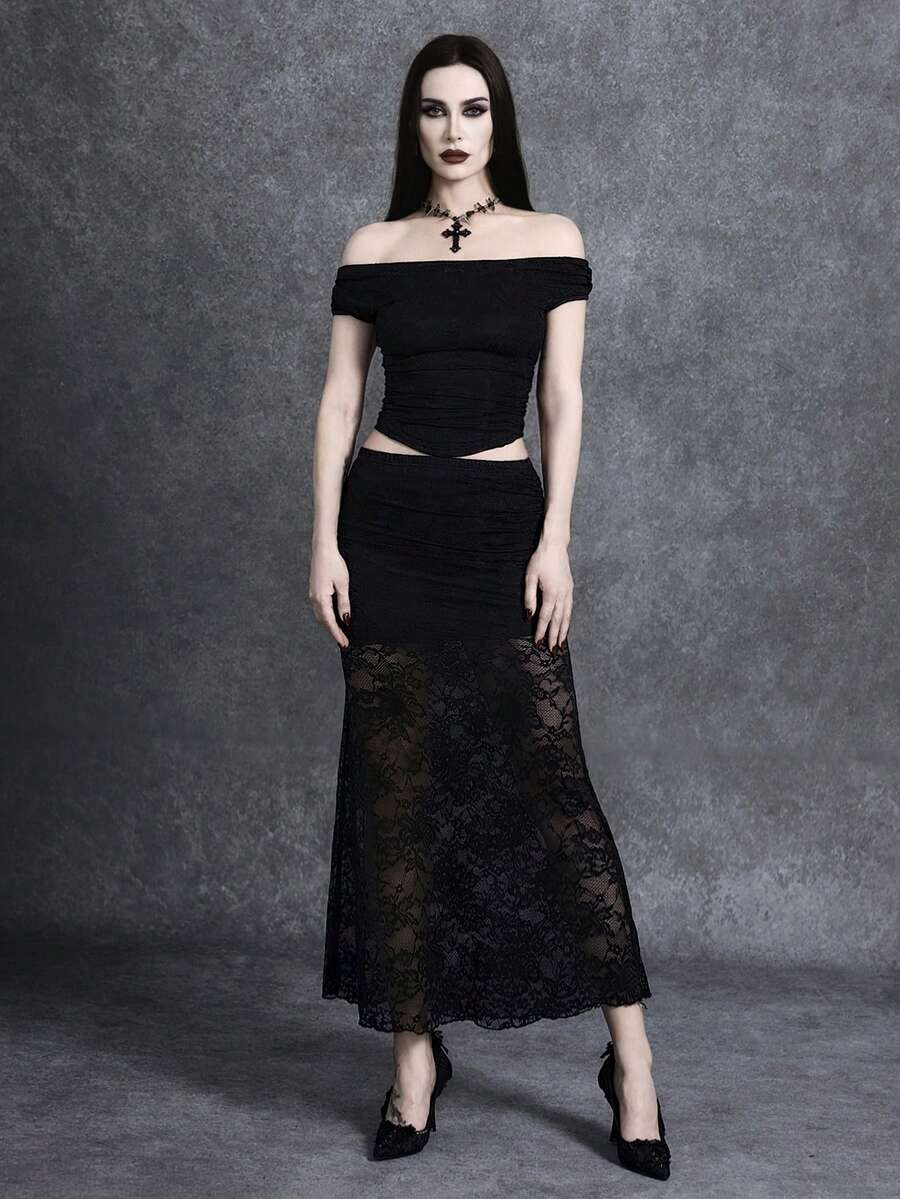 Black two-piece outfit set for women featuring an off-the-shoulder lace short sleeve top and a matching ruched asymmetrical short skirt.